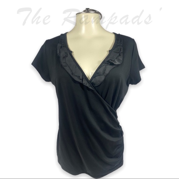 White House Black Market Black V-neck Ruffle Side Swept Short-sleeve Top… - Picture 1 of 7